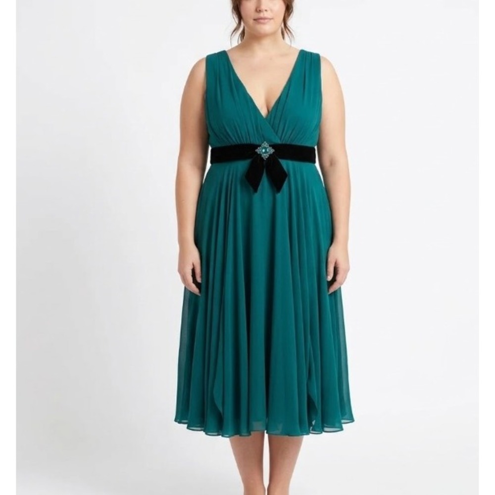 Vintage ECI New York Teal Velvet Belt Silk Flowy Midi Dress size 14 Evening